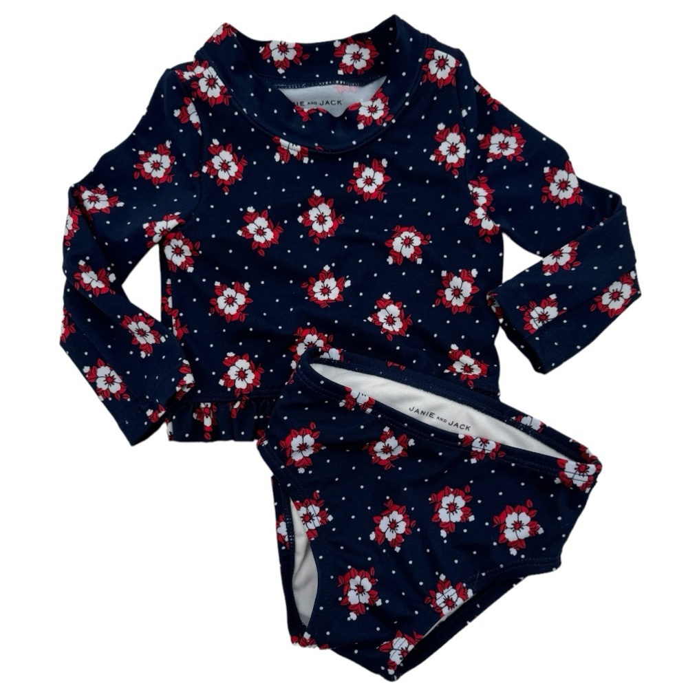 3/6 EUC Janie and Jack Rashguard and Swim Bottom Navy two piece floral